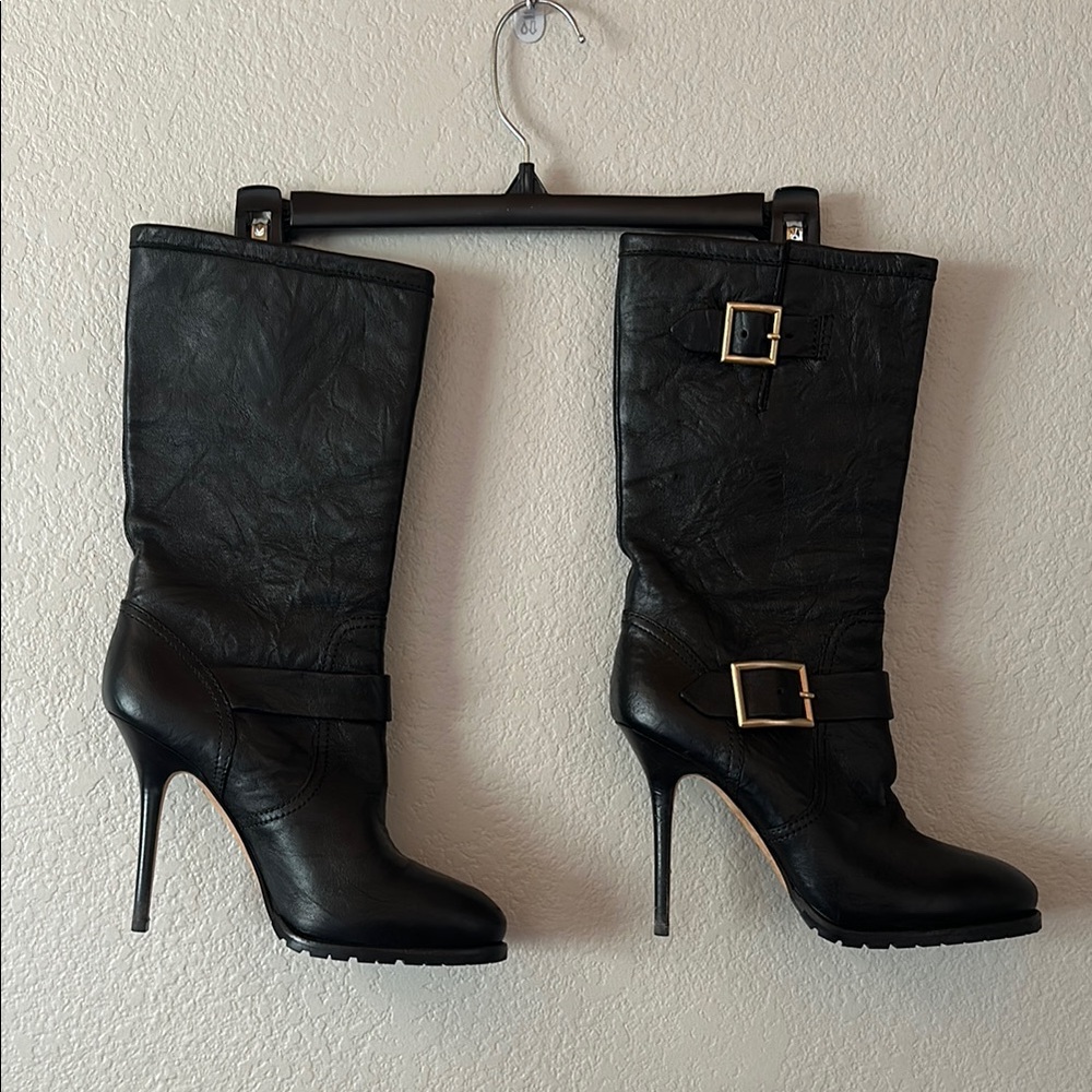 Authentic Jimmy Choo Heeled Black Leather Boots with Gold Buckle Size 39